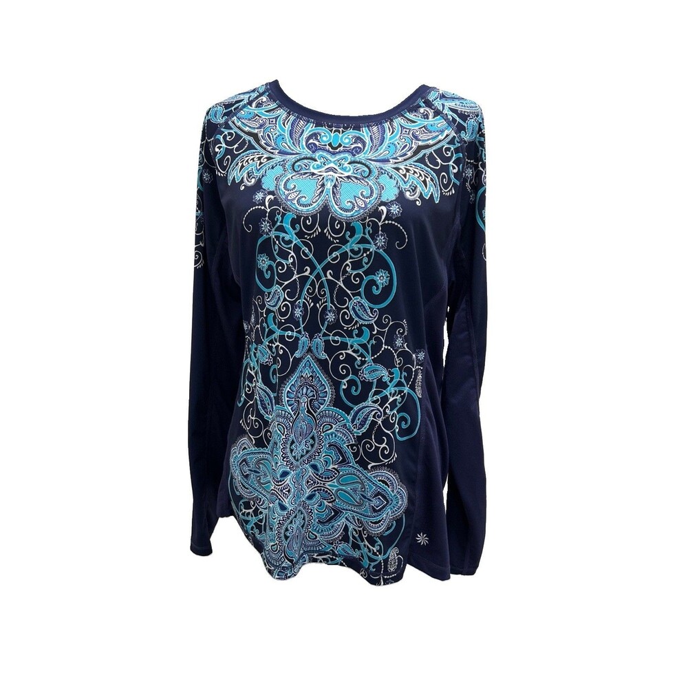 Athleta Womens Size XL Runway Top Blue Long Sleeve Paisley Running Shirt